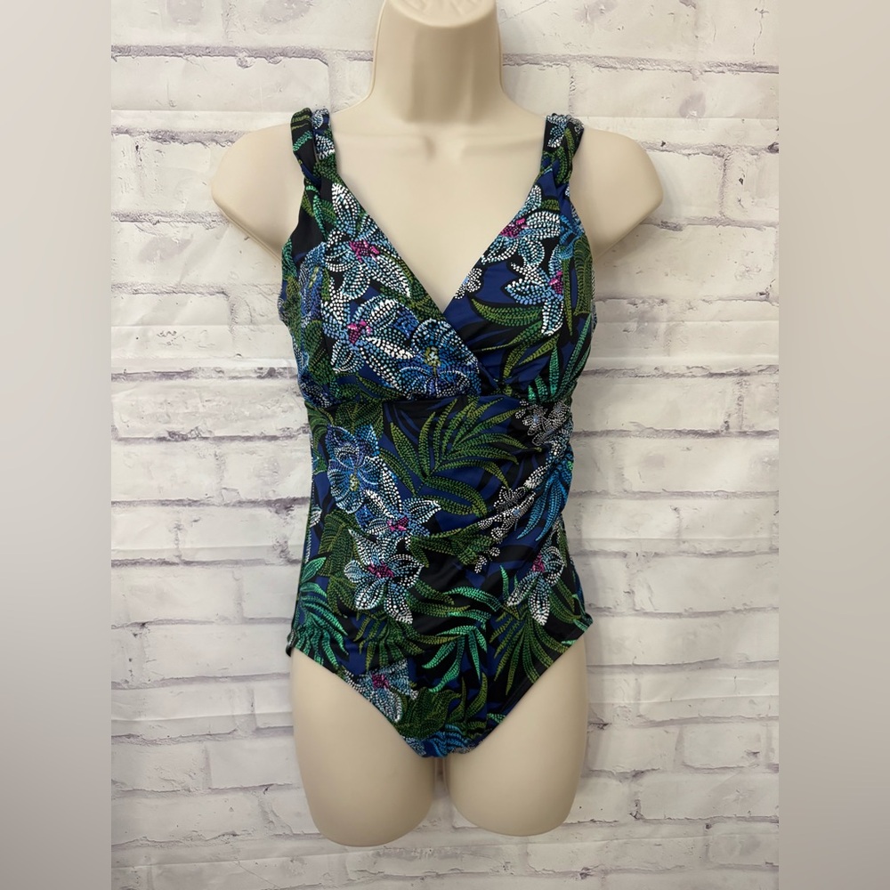 Dreamsuit By Miracle Brand Size 8 One Piece Slimming‎ Swimsuit Black Blue Floral